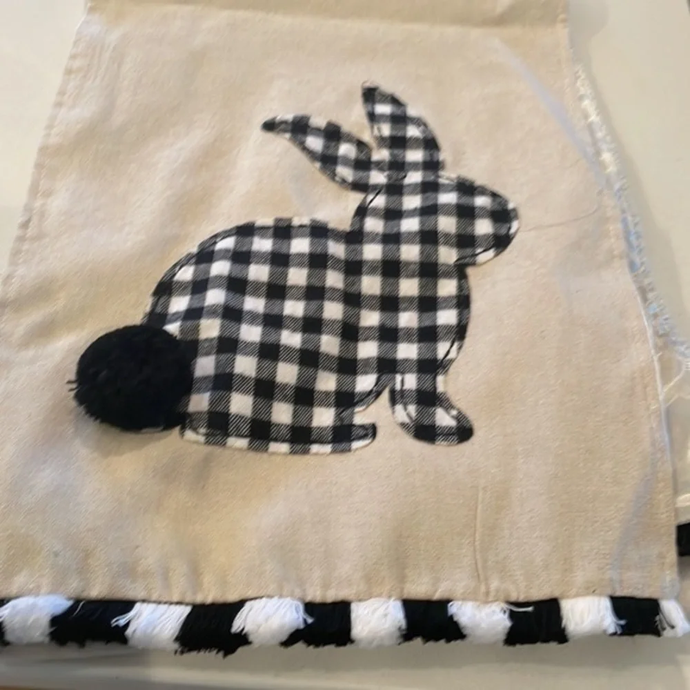Pier 1 black and white gingham bunny pattern black fuzzy tail table runner